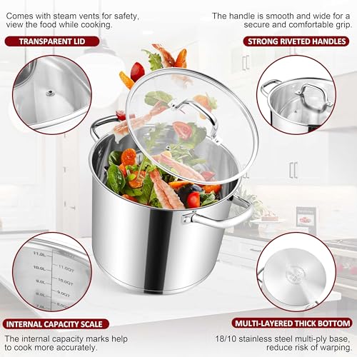 12-Quart 18/10 Stainless Steel Stock Pot with Lid, Large Heavy Duty Soup Pot Compatible with Electric, Gas, Induction and Various Cooktops, Dishwasher Safe
