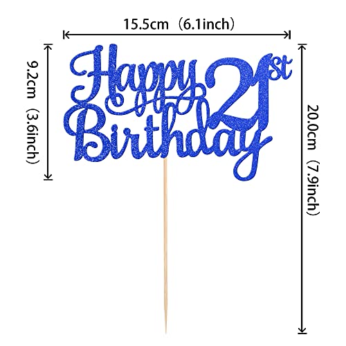 1 PCS Happy 21st Birthday Cake Topper Glitter Cheers to 21 Years Cake Pick 21 Fabulous Cake Decoration for 21st Birthday Theme Party Decorations Supplies Blue