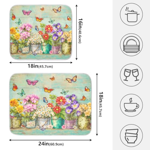 Spring Floral Butterfly Rustic Dish Drying Mat for Kitchen Counter Absorbent Microfiber Small Drying Pad Dish mats for Kitchen Countertops 16 x 18 Inch