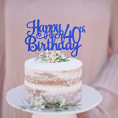 1 PCS Happy 40th Birthday Cake Topper Glitter Cheers to 40 Years Birthday Cake Pick 40 Fabulous Cake Decoration for Happy 40th Birthday Anniversary Party Decorations Supplies Blue