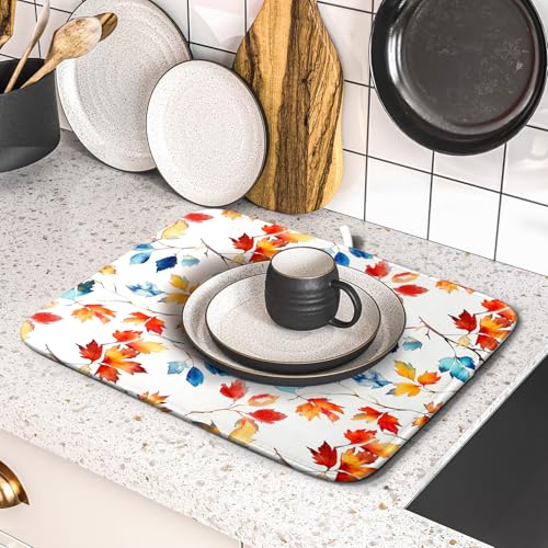 Autumn Leaf Dish Drying Mat Fall Colorful Leaves Absorbent Dish Drain Mats for Kitchen Counter