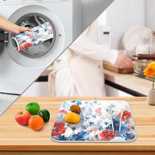 4th of July Patriotic Blue Red White Flowers Dish Drying Mat for Kitchen Counter Absorbent Microfiber Large Independence Day Drying Pad Dish Mats for Kitchen Countertops 18 x 24 Inch