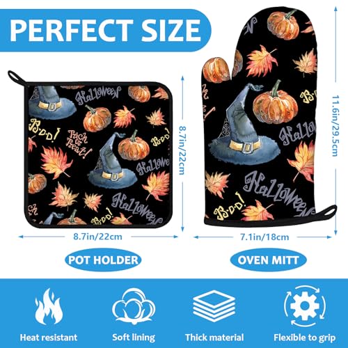 Halloween Pumpkin Autumn Maple Leave Oven Mitts and Pot Holders Sets Heat Resistant 4Pcs Potholders Oven Gloves Hot Pads for Kitchen Baking Cooking Grilling BBQ (4 Count)