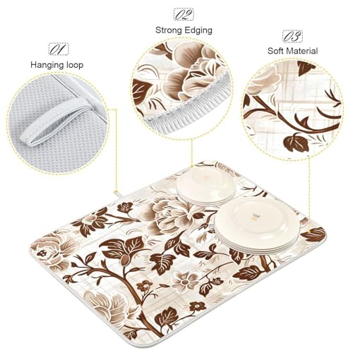 Brown Beige Floral Leaves Dish Drying Mat for Kitchen Counter Absorbent Microfiber Drying Pad