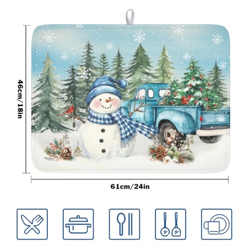Winter Snowman Blue Dish Drying Mat Xmas Truck Dishes Pad 18"x24" Microfiber Absorbent Drainer Rack Mats Protector for Kitchen Counter Sink