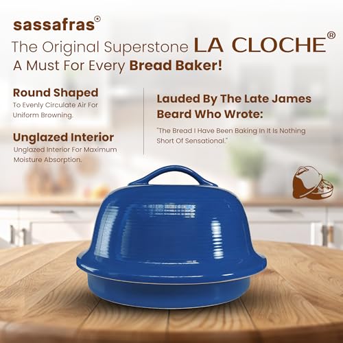 Superstone® Stoneware La Cloche® Bread Baker with Blue Glazed Exterior and Unglazed Interior Bakes an Artisan Bread with Crusty Crust and a Light Crumb