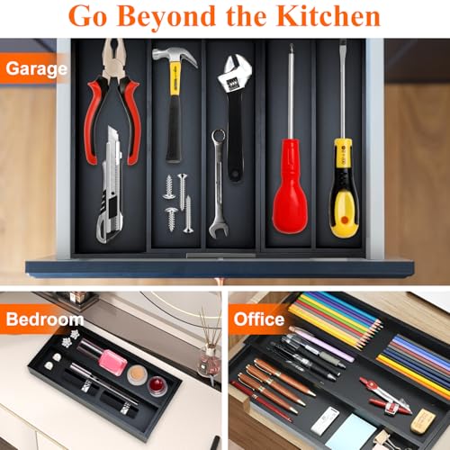 Expandable Black Bamboo Kitchen Utensils Drawer Organizer Silverware Tray