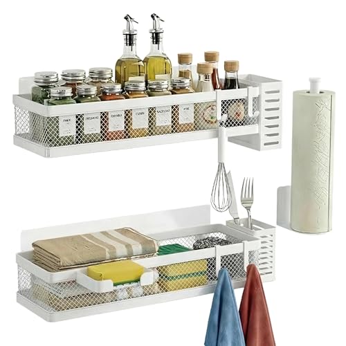 5-in-1 16.5" Extra Long Slim Wall Mount Wrapped Mesh Kitchen Organizer & Shower Caddy Kit, with Paper Towel Holder, Utensil Holder, Soap Dish, Holds 50LBS - White, Netting