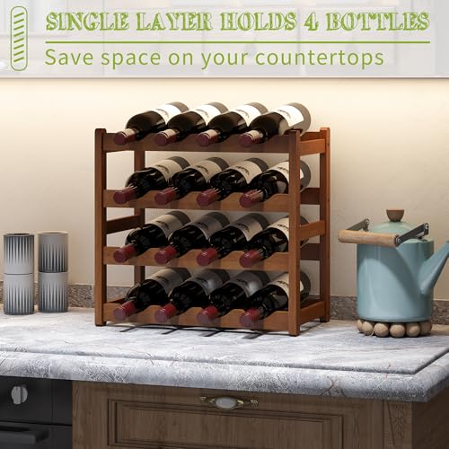 Bamboo Wine Rack Wine Storage Cabinet Shelf 16 Bottle Wine Racks Countertop Sturdy for Kitchen Dining Room Pantry