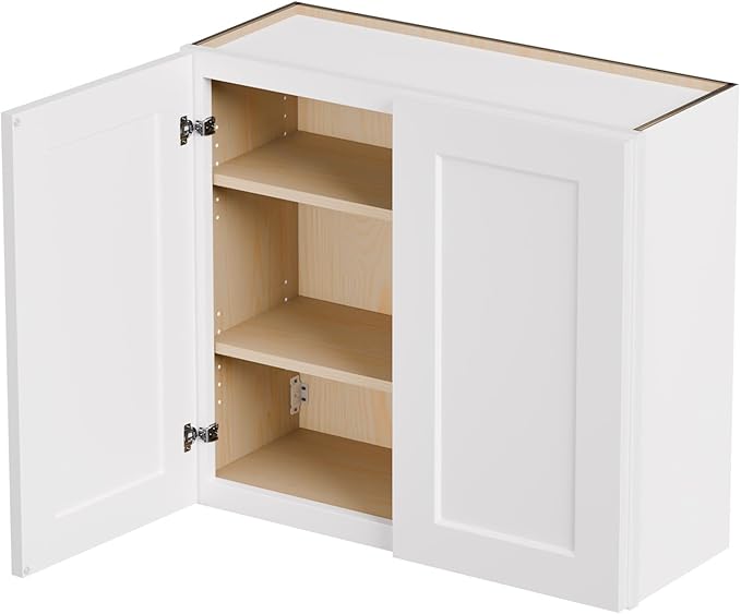 33 Inch Laundry Room Cabinets Wall Mounted, Solid Wood Over The Toilet Storage Cabinet, Bathroom Organizer Cabinets with 2 Shaker Door & Shelves, Easy to Assemble for Kitchen, Garage - White