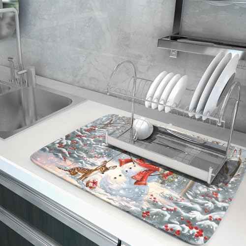 Winter Snowman Dish Drying Mat for Kitchen Counter Red Bird Berry Dishes Drainer Mats Holiday Microfiber Absorbent Dish Rack Pad 18x24 Inch