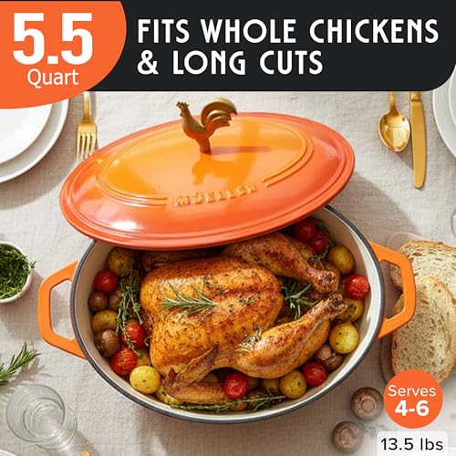 MUELLER HOME 5.5 Quart Enameled Cast Iron Oval Dutch Oven w Rooster Knob & Cotton Potholders