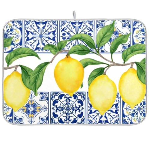 Lemon Blue Tiles Dish Drying Mat for Kitchen Counter Absorbent Microfiber Drying Pad
