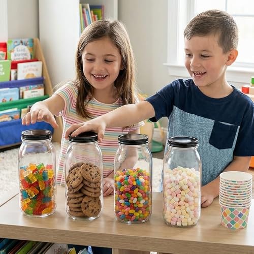 64 oz Large Plastic Mason Jars with Airtight Lids Wide Mouth (4 Count)