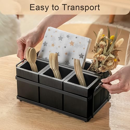 Silverware Caddy Black Wood Silverware Holder Paper Plate Dispenser