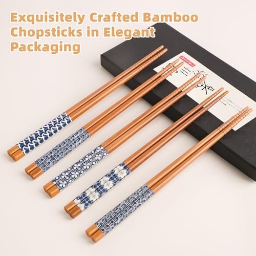 5 Pairs Natural Bamboo Chopsticks Reusable Classic Japanese Style Chop Sticks Gift Sets (5 Count)