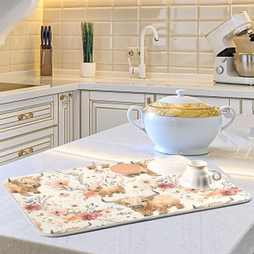 Cute Highland Cows Flowers Dish Drying Mat for Kitchen Counter Absorbent Microfiber Drying Pad