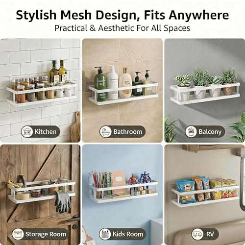 5-in-1 16.5" Extra Long Kitchen Organizer & Shower Caddy Set, Wall Mount Spice Rack with Paper Towel Holder, Utensil Holder & Soap Dish, Rustproof Mesh - White, Guardrail