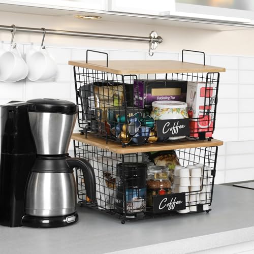 2 Set XXL Stackable Wire Basket with Bamboo Tops & Tag (2 Count)