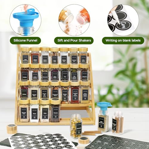 4Tier Bamboo Spice Rack Organizer with 28 Glass Spice Jars Empty 4 oz Jars