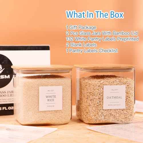 2 Pack Square Glass Flour and Sugar Containers with 132 Kitchen Pantry Labels (2 Count)