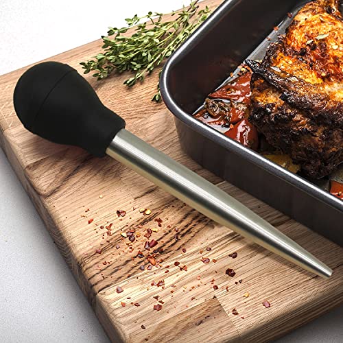 Stainless Steel Turkey Baster Commercial Grade Quality Rubber Bulb Including 2 Marinade Injector Needles and Brush for Easy Clean Up