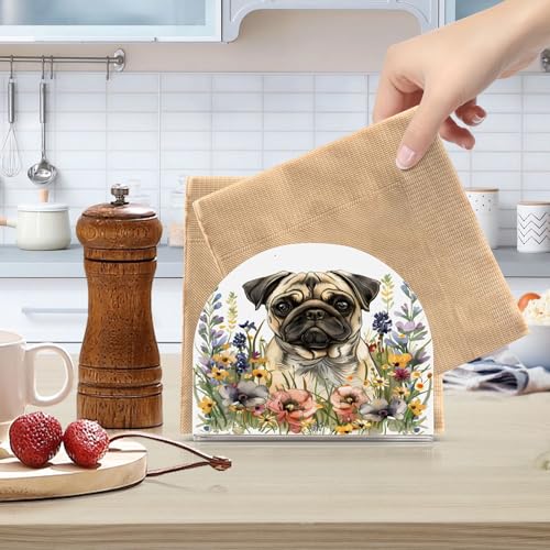 Pug Dog Wild Flowers Napkin Holder for Table Paper Napkins Holder Acrylic Tissue Dispenser Kitchen Dining Room Bathroom Party Car Decor