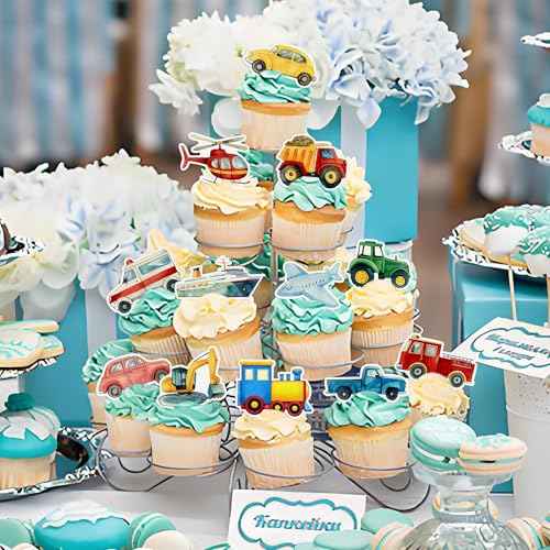 48Pcs Edible Transportation Cupcake Toppers Edible Cute Airplane Train Vehicle Boat Tractor Cupcake Picks for Transportation Theme Baby Shower Kids Birthday Party Decorations (48 Count)