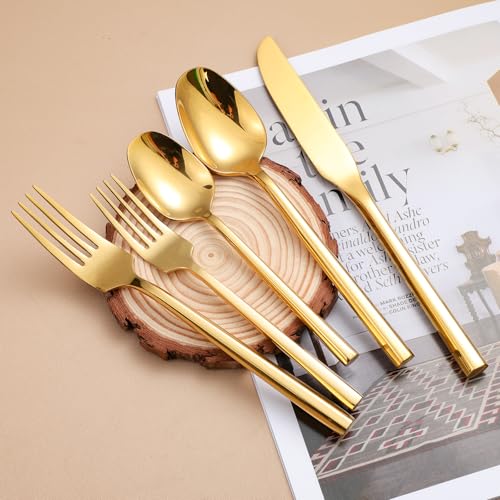 Mirror Silverware Set Gold Flatware Set with Hexagon Handle 20 Pieces 18 (20 Count)