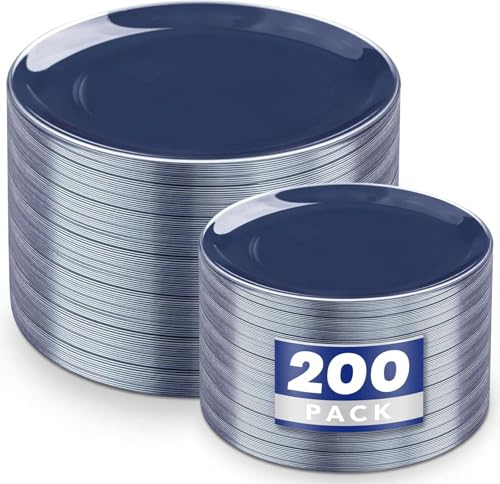 200PCS Blue Plastic Plates with Silver Rim (200 Count)