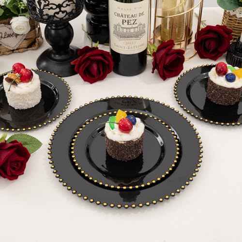 100pcs Black Plastic Plates with Gold Beads for Wedding Party (100 Count)