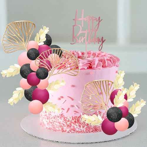 57Pcs Balls Cake Topper Boho Grass Cake topper Pearl Balls Acrylic Happy Birthday Cake Decorations for Wedding Baby Shower Birthday Boho Themed Party Supplies Black Pink Rose Red (57 Count)