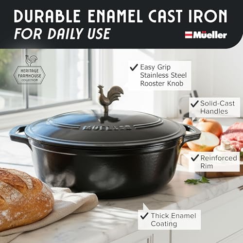 MUELLER HOME 5.5 Quart Enameled Cast Iron Oval Dutch Oven with Rooster Knob & Cotton Potholders