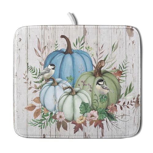 Fall Blue Pumpkin Dish Drying Mat 16x18 inch Autumn Harvest Dish Rack Mats Reversible Microfiber Drainer Pad for Kitchen Countertop Decor
