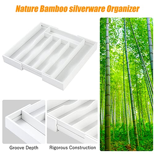 White Silverware Organizer Kitchen Drawer Organizer Expandable Bamboo Utensil Holder Cutlery Tray for Kitchen Utensil and Flatware Bedroom Office
