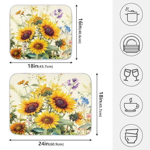 Blooming Sunflowers Dish Drying Mat for Kitchen Counter Absorbent Microfiber Small Drying Pad Dish Mats for Kitchen Countertops 16 x 18 Inch