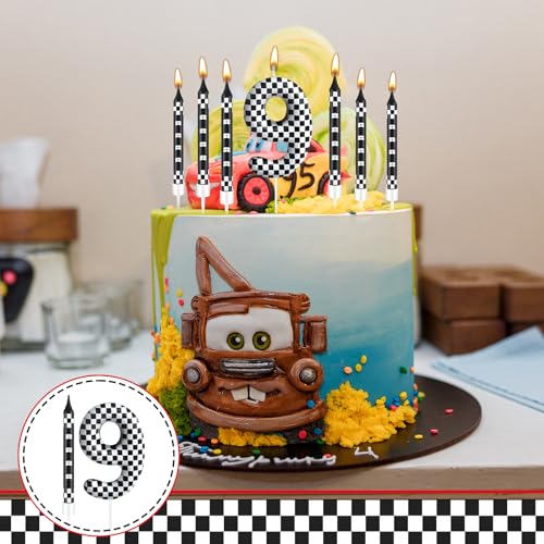 13 Pcs Racing Cars Themed Birthday Candles Black and White Race Number 9 Checkered Candle Cake Topper for Racing Car Party Decoration Supplies (13 Count)