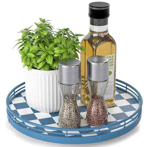 Blue and White Checkerboard Lazy Susan with Rubberwood Base and Metal Rail