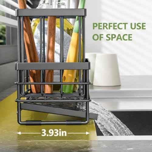 Sink Caddy Sponge Holder for Kitchen with Brush Holder and Stainless Steel Self Drain Tray