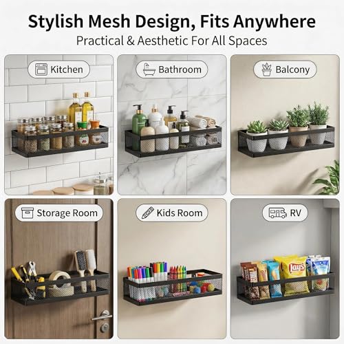 5-in-1 16.5" Extra Long Slim Wall Mount Wrapped Mesh Kitchen Organizer & Shower Caddy Kit, with Paper Towel Holder, Utensil Holder, Soap Dish, Holds 50LBS - Matte Black, Netting