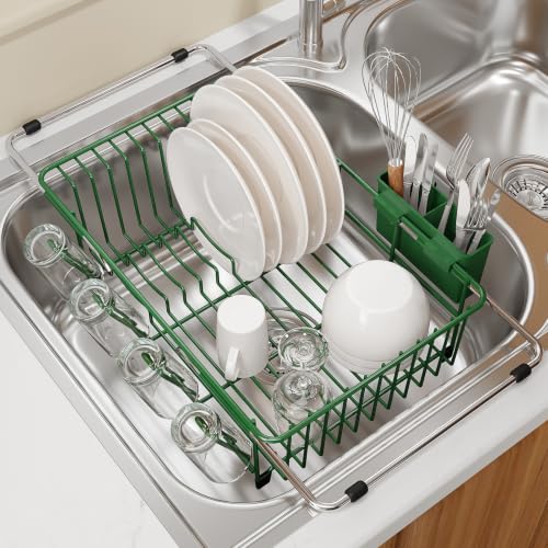 Green Expandable Dish Drying Rack Over Sink with Anti