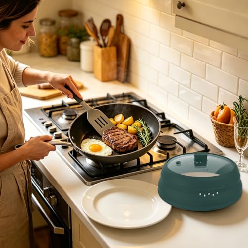 Microwave Splatter Cover Glass Guard Lid with Collapsible Silicone for Food Pot Plate Cover 9.8 inch Dark Green