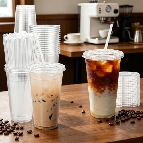 100 Pack 24 oz Clear Plastic Cups with Lids and Straws Disposable (100 Count)