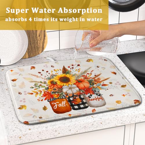 Autumn Pumpkin Dish Drying Mat 16x18 Inch Sunflower Flower Vase Washable Draining Mat with Hanging Loop Seasonal Holiday Home Decoration