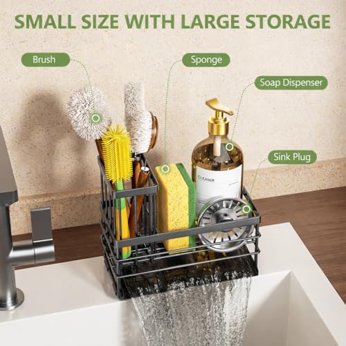 Sink Caddy Sponge Holder for Kitchen with Brush Holder and Stainless Steel Self Drain Tray