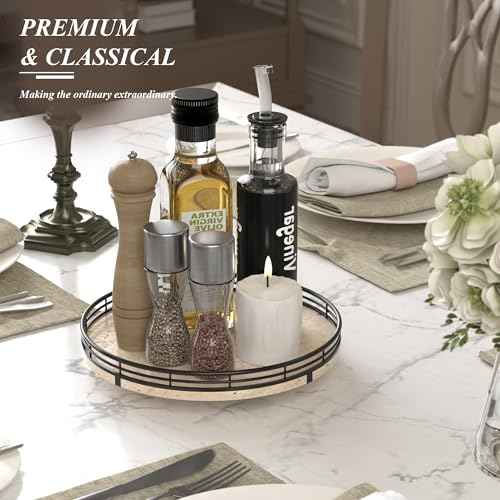 10 Inch Italian Travertine Lazy Susan with Black Metal Frame