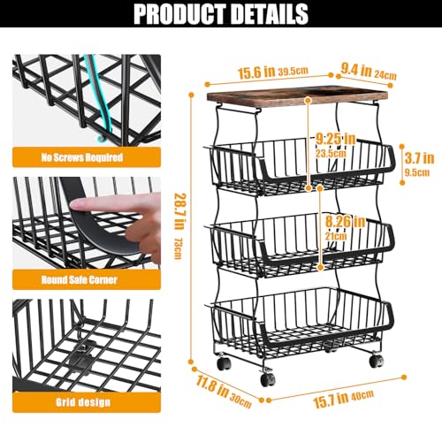 4 Tier Fruit and Vegetable Basket for Kitchen with Wheels