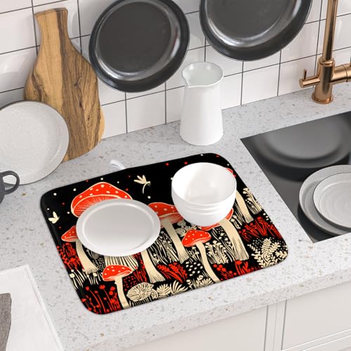 Red Mushroon Dish Drying Mat for Kitchen Counter Black Microfiber Absorbent Dish Pad Small