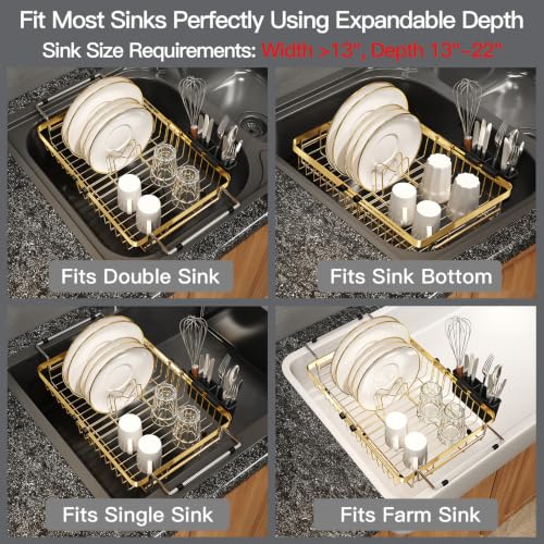 Gold Expandable Dish Drying Rack Over The Sink with Anti Slip Grip