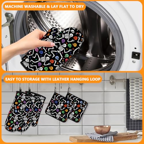 Colorful Skull Oven Mitts and Pot Holders Sets 4Pcs